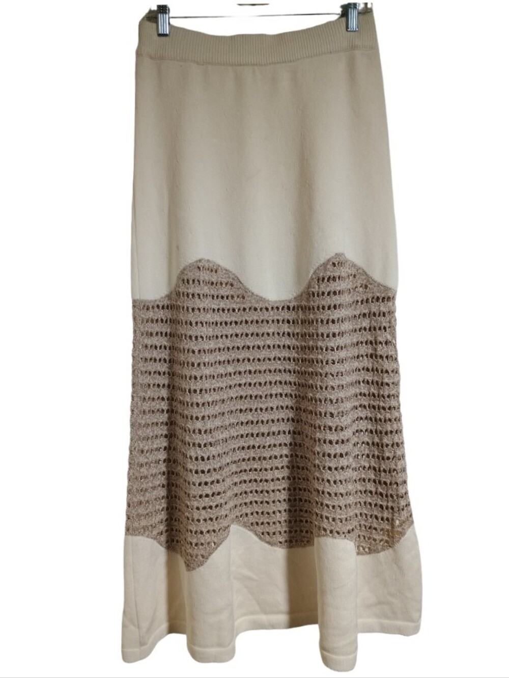 RIVIR Colorblock Knit Maxi Skirt Cream Tan Crochet Wave Mesh Neutral Size Large